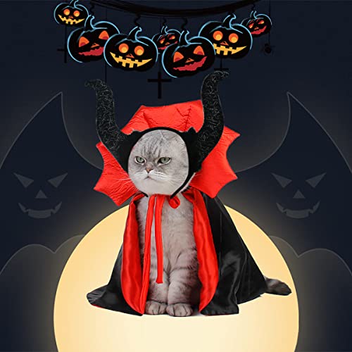 2 Stück Haustier Halloween-Kostüm Set Katze Hexe Vampir Cape Teufel Hörner Hut Urlaub Kleidung für Katze Welpe Halloween Party Haustier Outfits M