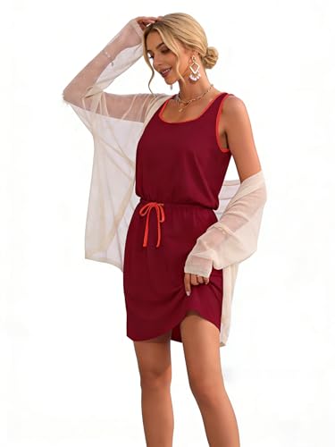 Image of AUSELILY Summer Dresses for Women Casual Sleeveless Drawstring Mini Dress | Sundress with drawstring waist & pockets. Casual beach cover up for summer vacation, pool and daily wear