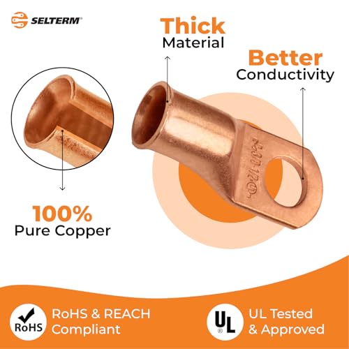 SELTERM 5pcs 3/0 AWG 1/2" Stud Copper Wire Lugs, Ring Terminals, Battery Cable Ends, 000 Gauge Ring Terminal Connectors, UL Heavy Duty Bare Copper Eyelets Battery Terminal Connectors
