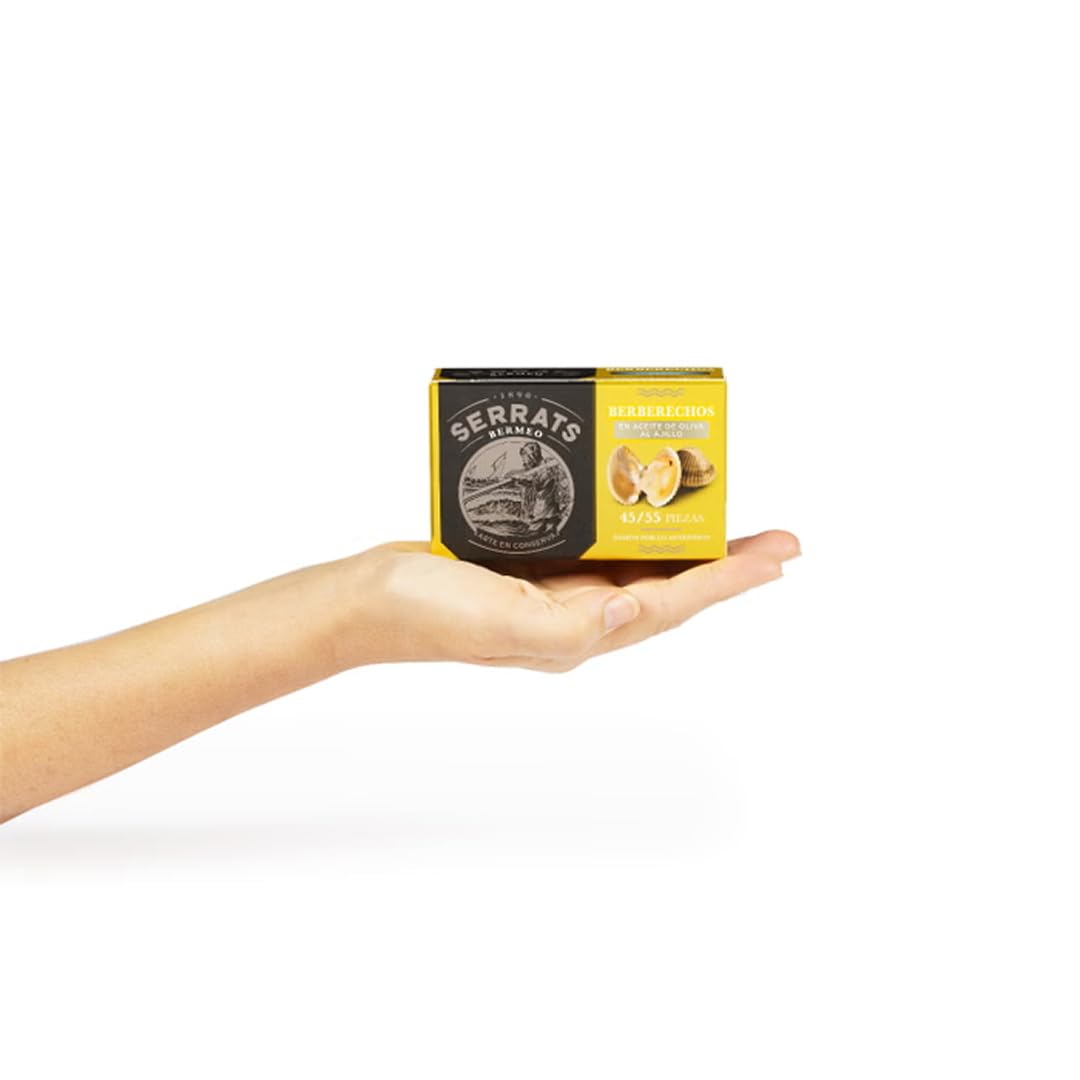 CONSERVAS SERRATS - Berberechos en Aceite de Oliva al Ajillo 45/55 Piezas por Lata - 6 latas x 110g (Total: 660g) - Elaboración Artesanal desde 1890 - Sin Gluten, Rico en Omega 3
