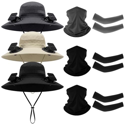 Syhood Solar Fan Hat Set with 2 Cooling Neck Gaiters 2 Pairs of Sleeves Wide Brim Sun Hat USB & Solar Powered, UPF 50 Sun Protection, Lightweight for Outdoor Fishing Hiking Gardening Cycling