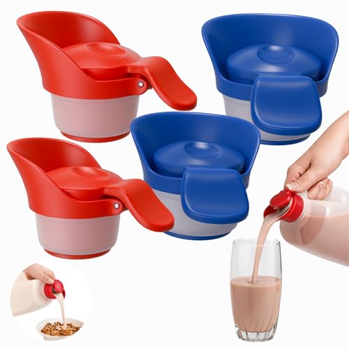 Jokari Milk Spout Pouring Gadget – 4 Spouts Total (2 Packs) – Easy Pour Spout for Gallon Milk Jugs and Juice Bottles, Push-Button Lid with Fast Seal, Ideal for Arthritis and Spill-Free Pouring