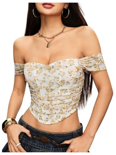 Image of Floerns Women's Off Shoulder Short Sleeve Asymmetrical Hem Ruched Corset Crop Top