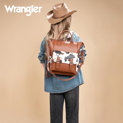 Image of Montana West Wrangler Womens Convertible Backpack Purse Cow Printed Backpack with Adjustable Crossbody Shoulder Strap for Work Travel WG175-9110COW-BR