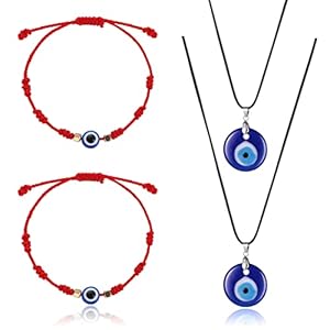 Yolev 4 stuks boze oog ketting met boze oog armband set, verstelbare rode string amulet geluksarmbanden, boze oog hanger…