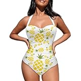 ELEDIZI Pineapple Swimsuits for Women Plus Size Bathing Suit for Women Tie Back Sexy One Piece Swimsuit for Women Cheeky Ruched Swimwear Tummy Control Sexy Beach One-Piece Outfit for Vacation,Size L