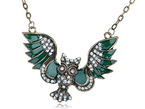 Alilang Antique Bronze Clear Crystal Rhinestone Green Enamal Winged Owl