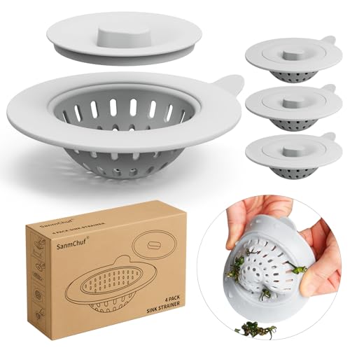 4 Pack Silicone Kitchen Sink Drain Catcher with Lid, 4.4" Top / 3" Mesh Basket, Grey Strainers for 3.1–3.9 Inch Openings, Anti-Clog Reusable Sink Stopper Covers, Odor-Proof & Easy to Clean