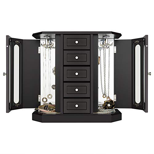 Rr Round Rich Design Jewelry Box - Made Of Solid Wood With Cabinet Type 5 Drawers Organizer And 2 Separated Open Doors On 2 Sides And Large Mirror Black #TOP2