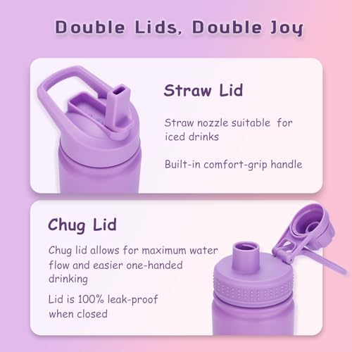 Mininoo Insulated Kids Water Bottle, 12 oz Stainless Steel Water Bottle Kids with Straw Lid and Chug Lid for Girls, Boys (Purple/Pink)