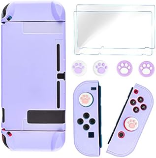 DLseego Switch Case Compatible with Nintendo Switch, Protective Hard Shell Anti-Scratch Grip Cover with 2 Glass Screen Protector and 6 Thumb Stick Cap for Switch Console & JoyCon- Purple
