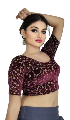 Image of PU Fashion Stylish Golden Embroidery Work Readymade Stretchable Velvet Blouse - Soft Breathable Fabric, Saree Blouse for Women