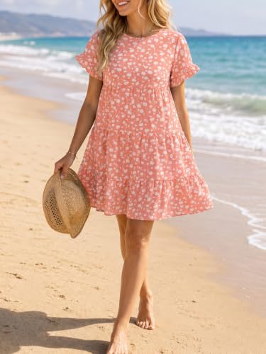 Image of Chuanqi Womens Ruffles Boho Floral Printed Babydoll Loose Swing Casual Short Mini T-Shirt Dress