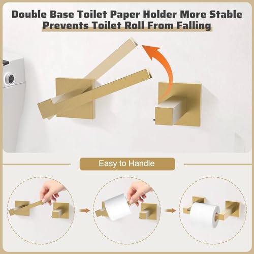 TNOMS 5-Piece Towel Bar Set Brushed Gold Bathroom Hardware Accessories Set Includes Upgraded Double Base Toilet Paper Holder,Modern Square Towel Holder Set Stainless Steel Wall Mount 23.6 Inch by TNOMS - Used condition - Image 2