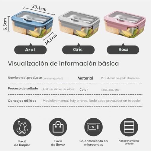 Miniatura 6 de Bryn Fiambrera Con Compartimentos, 1400 Ml, Apta Para Microondas, Fiambrera Sellada Con Cubiertos Para Picnic, Camping, Fitness, Escuela, Oficinas Azul