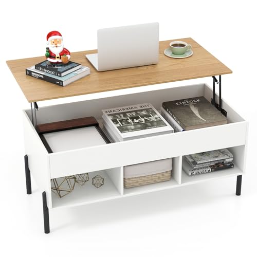 LIFEZEAL Mesa de Centro con Tablero elevable y 3 Compartimentos, Espacio de Almacenamiento Oculto, Moderna Mesa de café de Madera con 4 Patas robustas, 100x50x59,5cm (Blanco)