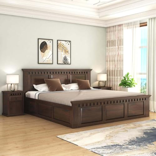 Image of Sheesham Wood Queen Size Bed with Box Storage | Solid Wooden Cot Bed | Double Bed Furniture for Bedroom Living Room Home - Q 05 (Walnut Teak Finish)