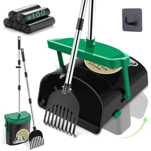 Image of UPSKY 33.4 inch Dog Pooper Scooper Swivel Bin & Rake Kit with 100 Waste Bags | Long Handle Heavy Duty Pet Poop, Stainless Steel, Easy to Install, Odor-proof Lid for All Dog Sizes-Yard /Lawn /Outdoor Use