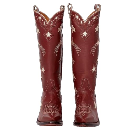 Womens Embroidered Cowboy Boots Almond Round Toe Pull On Cowgirl Boots Moon and Star Inlay Western Boots2