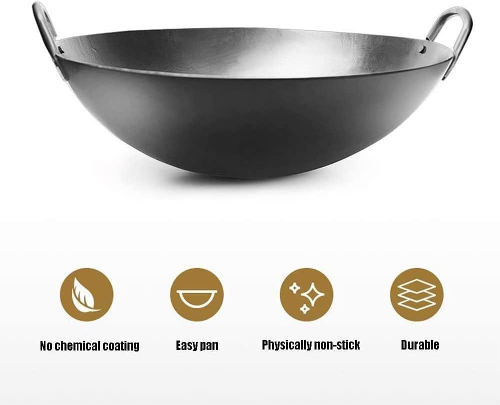 Two-Handle Cast Iron Wok, Outdoor Camping Wok Large Wok Non-Stick Uncoated Double-Ear Cast Iron Pan,55