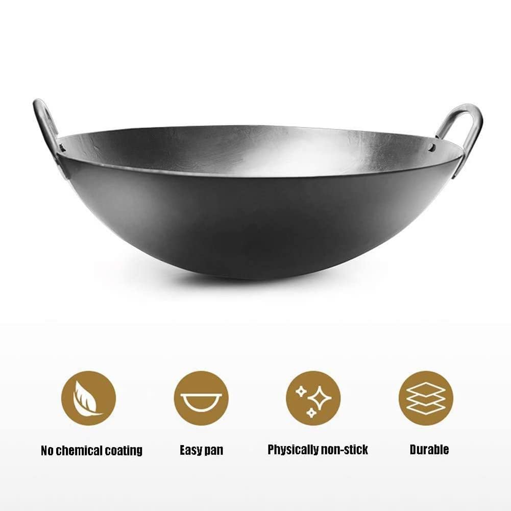 Wok in ghisa a Due Manici, Wok da Campeggio all'aperto di Alta qualità Wok Grande, Antiaderente, Non Rivestito, in ghisa con Due Orecchie,45