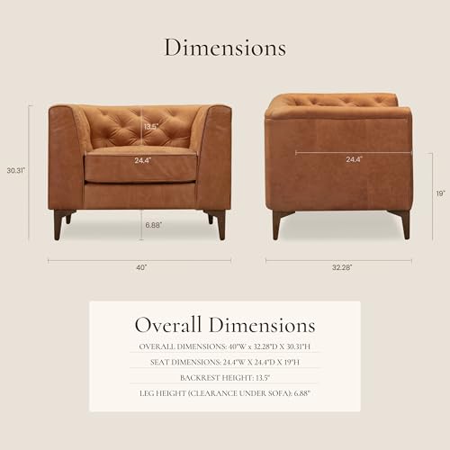POLY & BARK Essex 40" Lounge Chairs Set of 2 – Cognac Tan Full-Grain Pure-Aniline or Semi-Aniline Italian Leather, Tufted Back & Arms, Feather-Down Cushions, Walnut Wood Legs