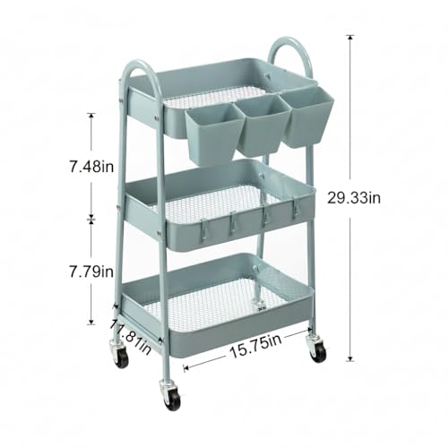 danpinera 3-Tier Rolling Cart, Utility Cart Mobile Metal Rolling Storage Cart with Lockable Wheels & Hanging Cups & Hooks for Kitchen, Bathroom, Office, Workshop, Gray Blue