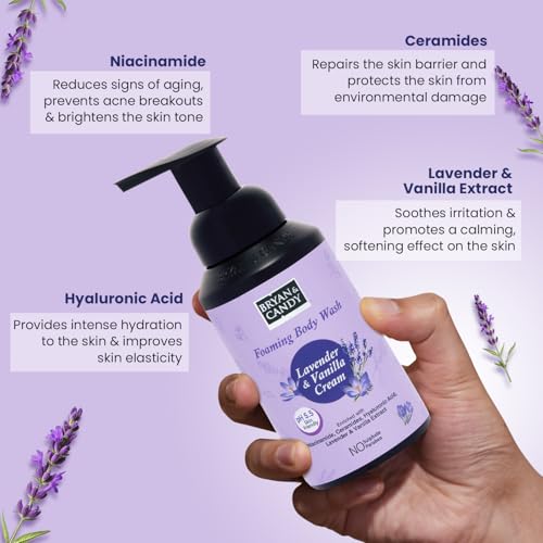 Image of Bryan & Candy Lavender & Vanilla Cream Foaming Body Wash, pH 5.5 Skin Friendly, with Niacinamide, Ceramides, Hyaluronic Acid, 250 ml
