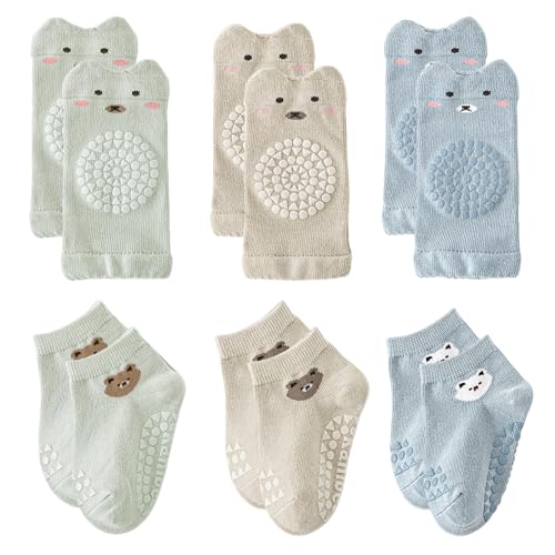 BLNC Juego de 3 pares de rodilleras y calcetines para bebé, diseño adorable, cómodos y ligeros, para 0-12 meses (niño)