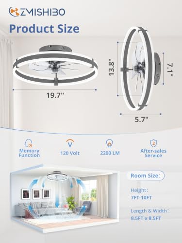 Image of ZMISHIBO Low Profile 19.7'' Ceiling Fans with Lights and Remote, Gray | 3000-6000K Dimmable LED Fandelier, Quiet DC Motor, Reversible Airflow, 6 Wind Speeds, Timer, Bedroom, Living Room, Kitchen