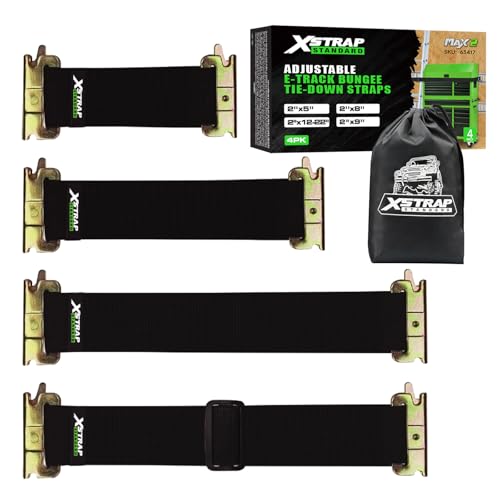 XSTRAP STANDARD 4 Pack E-Track Bungee Tie-Down Straps, Securing Straps Kit | 5″, 8″, 13″, 12″-22″ Length Secure Cargo to Trailer Walls Durable, Easy-to-Use E-Track Accessories for Organization & Storage