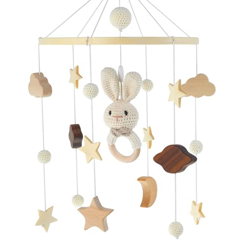 Baby Crib Mobile Wooden Hanging Baby Bed Bell, Cute Rabbit Animals Wood Crocheted Mobile Newborn Toys Cot Bed Pendant Decoration for Infants Boys Girls Bedroom Nursery