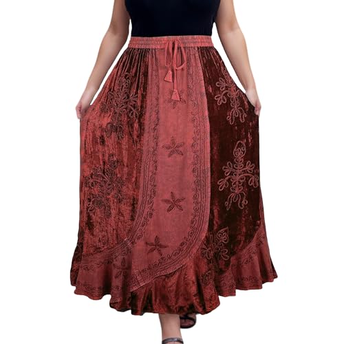 Agan Traders Women's 2025 Summer Winter Rayon Velvet Vintage Boho Embroidered High Waist Maxi Skirt - Long Skirts for Women