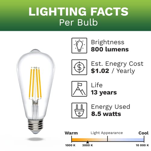 Bioluz Led 92 Cri Dimmable Edison Light Bulbs 800 Lumen Soft White 3000K 60W Replacement St64 / St19 / St58 8.5W E26 Standard Base Title 20 High Efficacy Lighting 6-Pack #TOP3