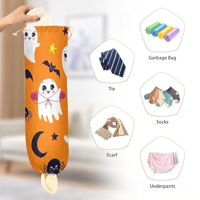 xigua Halloween Ghosts Plastic Bag Holder Wall Mount with Drawstring 1 Pack, Reusable Grocery Bag Organizer Decor for Bags, Socks, Underwear, And Neckties