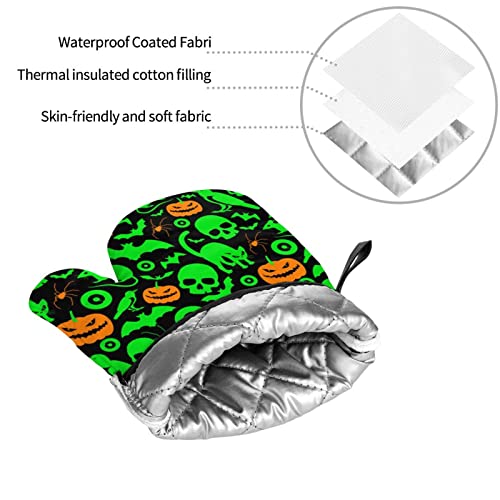 Green Ghost Horror Halloween Pumpkin Printed Oven Mitts And Pot Holders Heat Resistant Potholders Oven Gloves And Pad For Baking Kitchen Grilling - 4 Set #TOP3