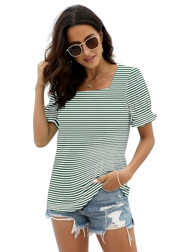 Image of WIHOLL Tops for Women Summer Casual Ruffle Trim Sleeve Square Neck T Shirts