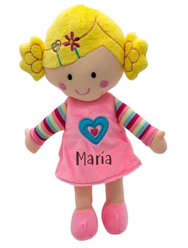 Muñeca de Trapo Personalizada - Muñecas de Trapo Vestido Terciopelo, Regalo muñeca Trapo Bebe con su Nombre, tamaño 25 cm. en Azul o Rosa - Muñeca Bebe 1 año y más (Vestido Rosa)