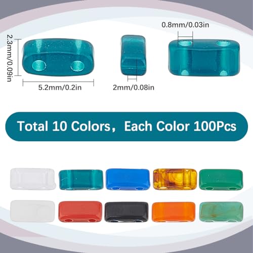 SUNNYCLUE 1 Box 1000Pcs 10 Colors 2 Hole Rectangle Bead Acrylic Flat Square Beads Half Tile Small Cute Mini Seed Carrier Spacer Beads for jewellery Making Diy Crafting Supplies Bracelet Necklace Women - Image 2