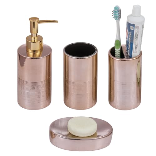 MyGift 4 Pcs Ceramic Bathroom Accessories Set Toothbrush Holder with Lotion Soap Dispenser Soap Dish Tumbler Pink Bathroom Set for Girl Rose Gold Bathroom Decor