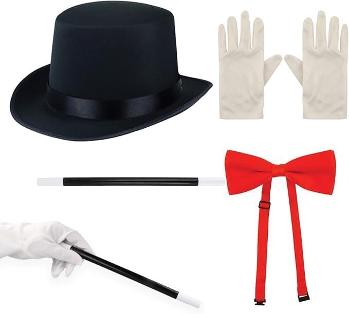 ANZEE Magician Costume Set for Kids Black Top Hat Red Bow Tie White Gloves and Magic Wand for Fancy Dress Role Play and Book Week Set (Black, One Size)