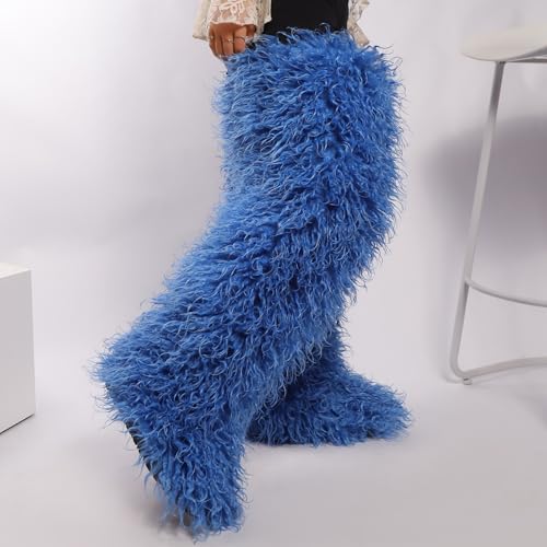 Image of Black Thigh High Fur Boots, Over the Knee Fluffy High Boots, Tall Furry shoes for Women