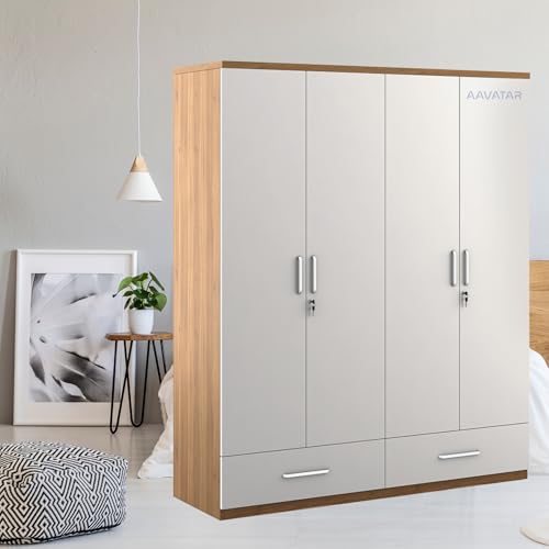 Image of AAVATAR 04 Door Engineered Wood Cupboard - Multi-Shelf Storage Cabinet for Bedroom & Living Room - Durable & Stylish Wardrobe Organizer Without Mirror (Colour - White & Wood, Size 78 X 72 X 19 Inch)
