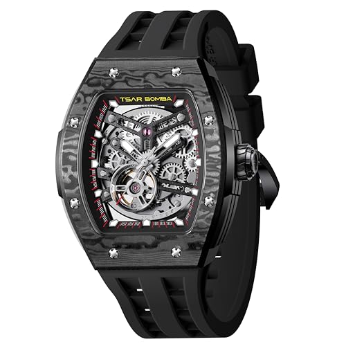 Image of TSAR BOMBA Men's Automatic Watch Tonneau Luxury Skeleton Watches for Men Mechanical 50M Waterproof Analogue Watches Mens Unique Cool Square Big Face Dial Wristwatch with Silicone Strap Band