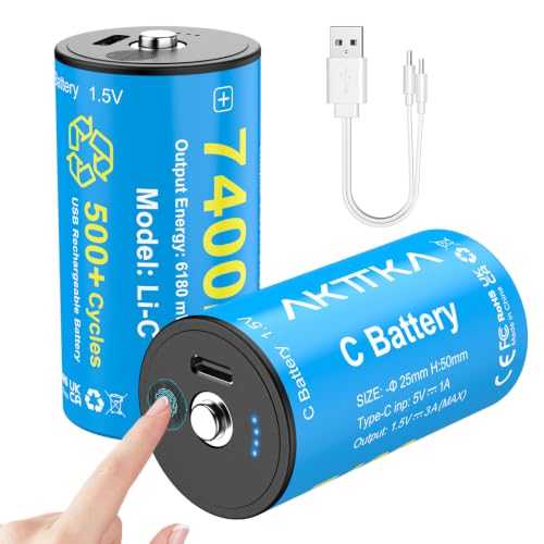 AKTTKA 2個セット 単二電池リチウムイオン電池―USB-C直接充電対応、LEDライト付き