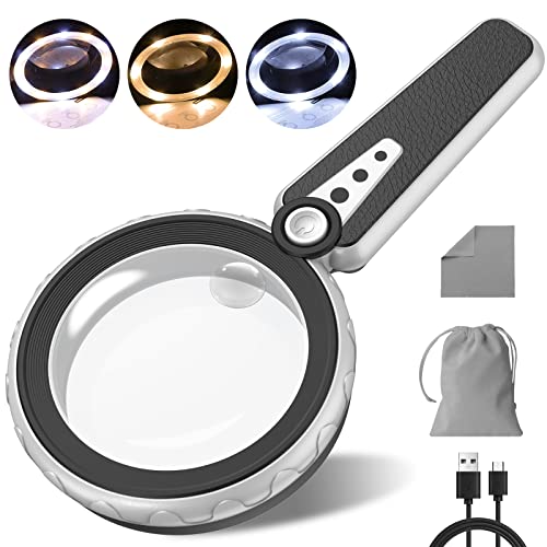 Magnifying Glass with Light-6X 10X 12 LED Handheld Illuminated Lighted Magnifying Glasses, 3 Cool and Warm Light Modes & Adjustable Brightness, Magnifier for Close Work, Seniors Reading,Powered by USB Magnifying Glass with Light-6X 10X 12 LED Handheld Illuminated Lighted Magnifying Glasses, 3 Cool and Warm Light Modes & Adjustable Brightness, Magnifier for Close Work, Seniors Reading,Powered by USB