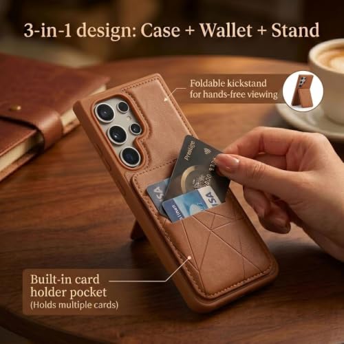 Image of amazon basics Premium Vegan Leather Back Cover with Card Holder and Integrated Mobile Stand for Samsung Galaxy S26 5G - Slim Shockproof Wallet Case with Geometric Stitching [Tan]