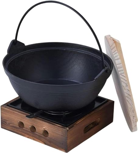 Olla Caliente De Hierro Fundido De Estilo Japonés, Olla Caliente Sukiyaki Nabe Individual Con Tapa De Madera Y Estufa De Alcohol Para Fideos, Ramen, Sopa