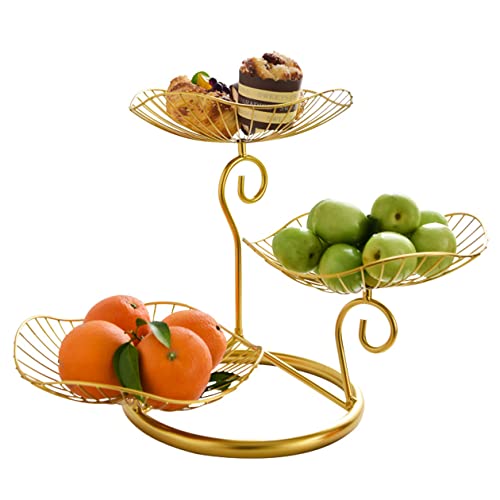 3-Tier 19 Inches Gold Metal Cupcake Dessert Basket Stand, Cake Snack Scones Crackers Fruits Appetizers Pastry Tiered Platters Serving Tray for Tea Party, Bridal Shower (Gold Lotus Leaf)