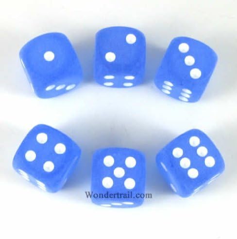 Wondertrail Blue Frosted with White Pips 16mm D6 Dice Set of 6 WCX27606E6